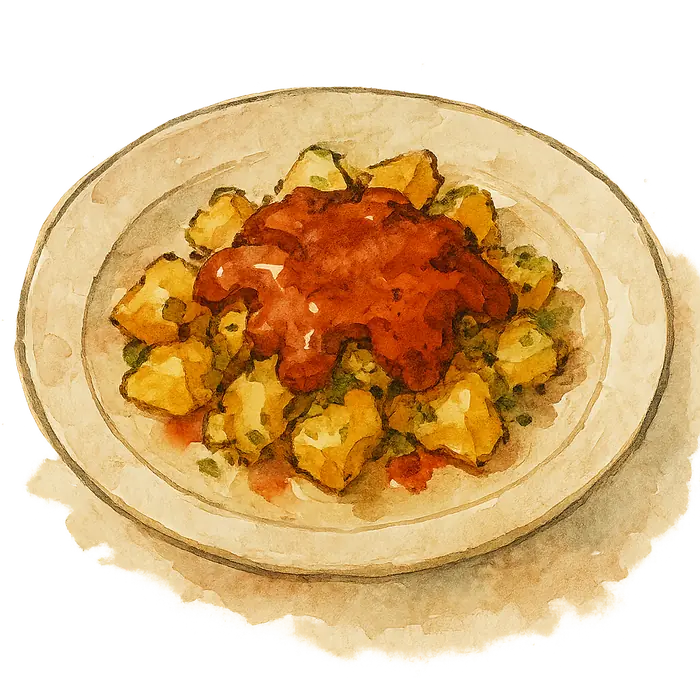 A watercolour of crushed golden fried potatoes with crisp edges under a brick-red smoky sauce