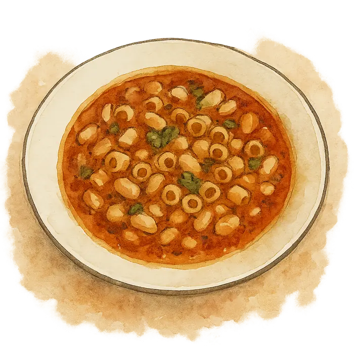 A watercolour of a thick soup of small pasta and white beans in tomato broth