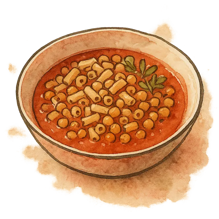 A watercolour of a thick bowl of small pasta and chickpeas in a light brick-red sauce