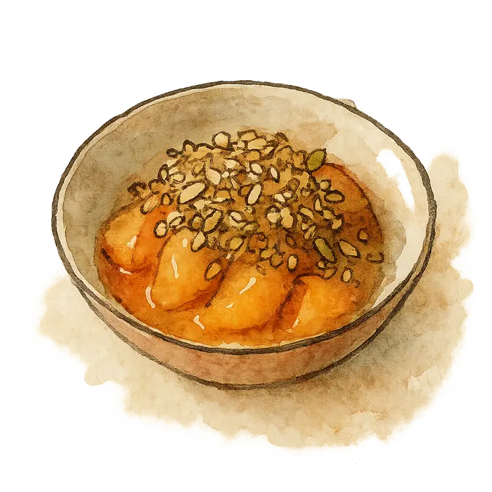 A watercolour of stewed golden peach under a scattered layer of toasted oats and almonds