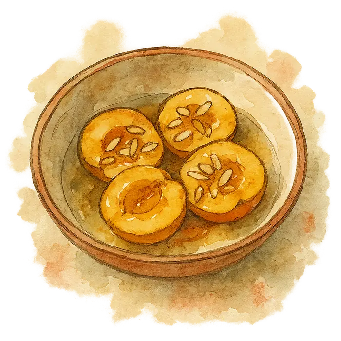A watercolour of halved golden peaches with toasted flaked almonds and a thread of honey
