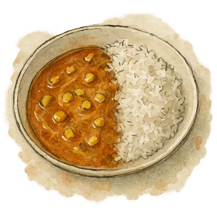A watercolour of a thick ochre peanut stew with yellow sweetcorn beside white rice