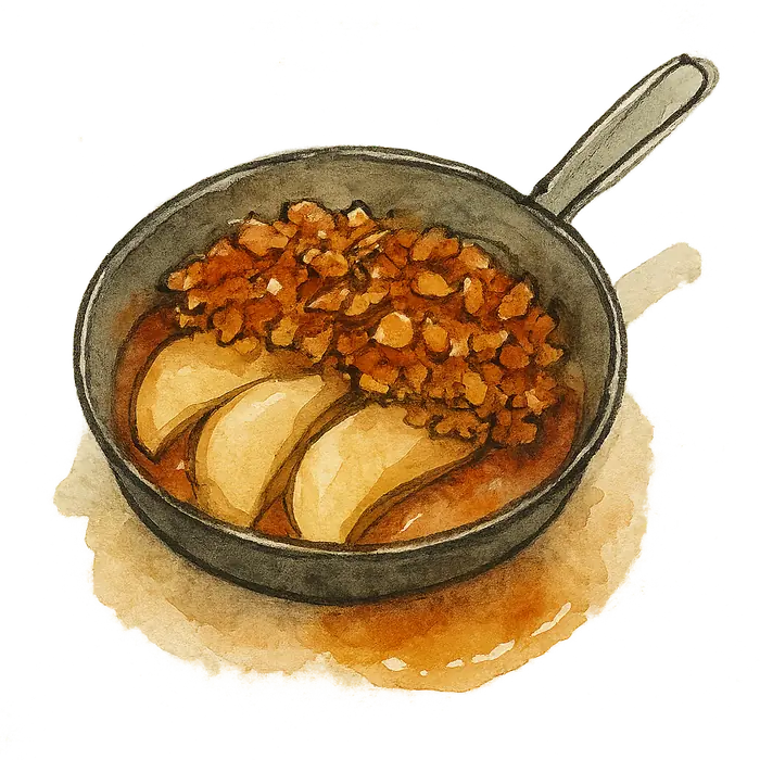 A watercolour of tinned pear halves under a golden crunchy syrup-glazed cornflake crust in a small pan