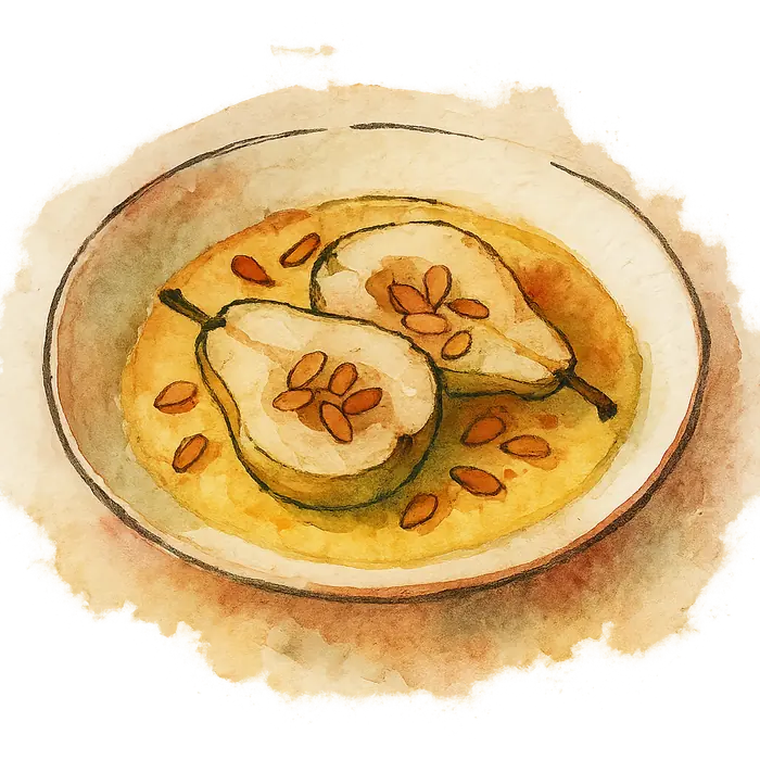 A watercolour of halved pale pears in a pool of yellow custard with toasted flaked almonds