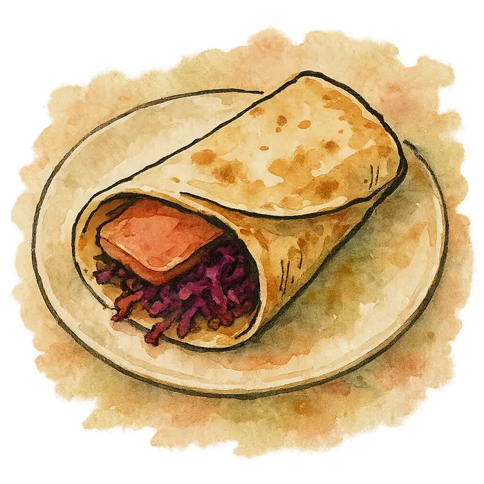 A watercolour of a folded wrap showing crisped pink luncheon meat and bright purple pickled cabbage