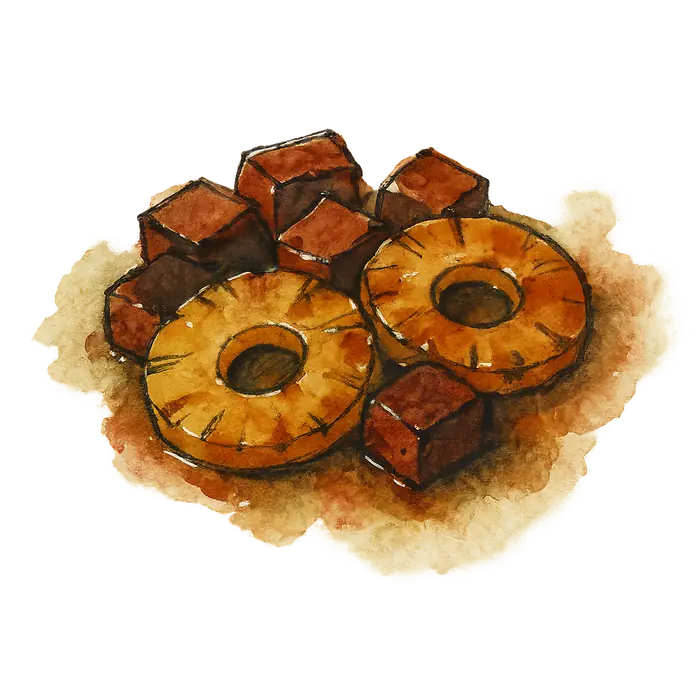 A watercolour of dark browned cubes of luncheon meat with caramelised golden pineapple rings, glossy with glaze