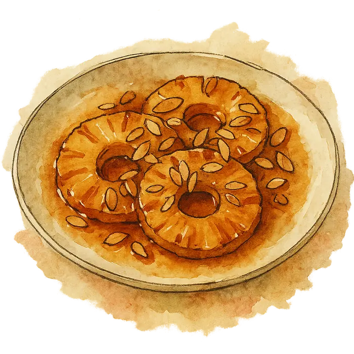 A watercolour of caramelised golden pineapple rings glossy with syrup and scattered with toasted flaked almonds