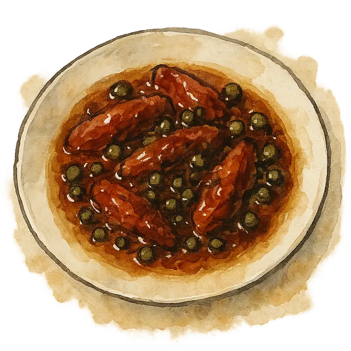 A watercolour of a dark reduced braise of crushed plum tomatoes with capers, glossy with oil