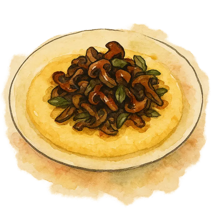 A watercolour of a pool of soft pale yellow polenta topped with dark browned mushrooms