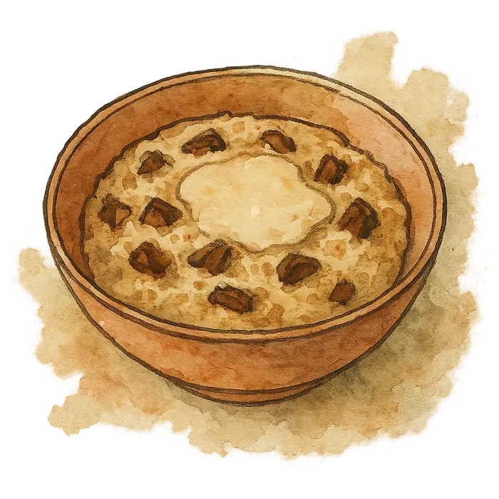 A watercolour of thick creamy porridge in a bowl with dark chopped dates and a pale swirl of milk