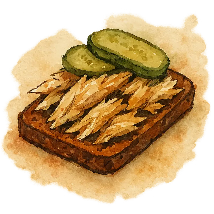 A watercolour of dark dense rye bread slices topped with flaked mackerel and green gherkin