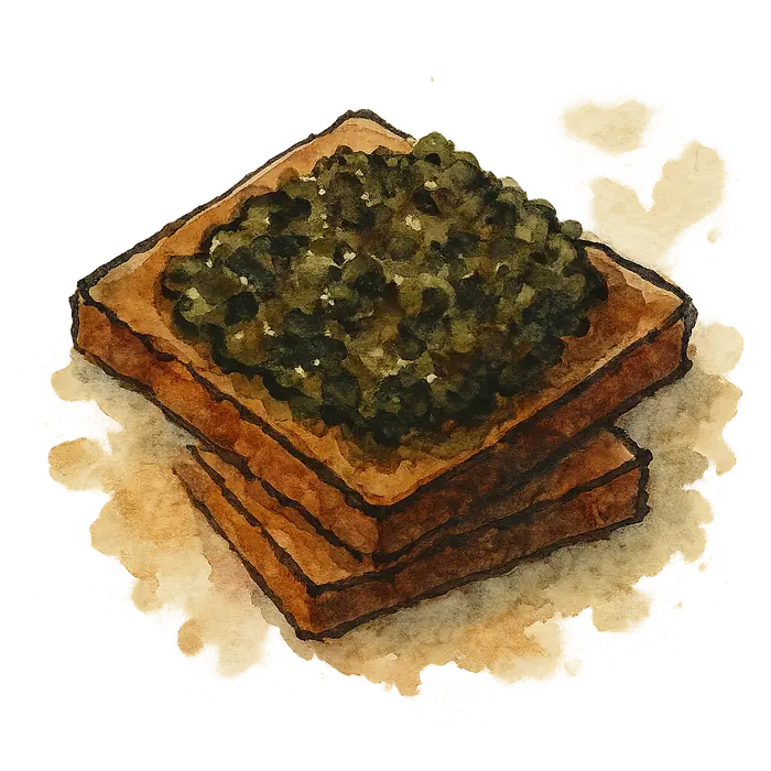 A watercolour of dark square pumpernickel slices spread with a coarse green-black olive paste