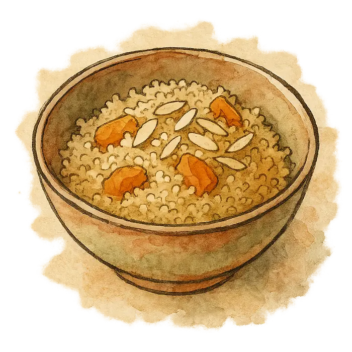 A watercolour of a bowl of pale quinoa studded with bright orange dried apricot pieces and flaked almonds