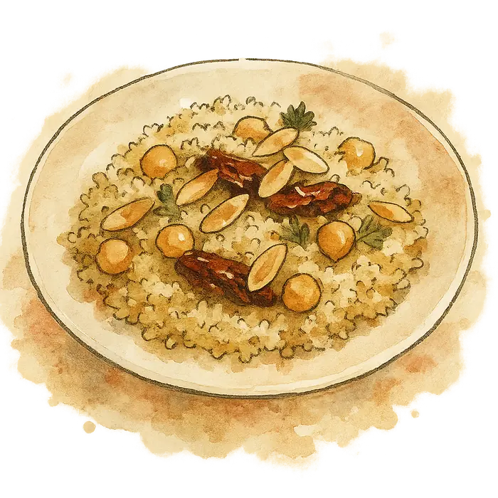 A watercolour of pale fluffy quinoa with chickpeas, sun-dried tomato and toasted flaked almonds