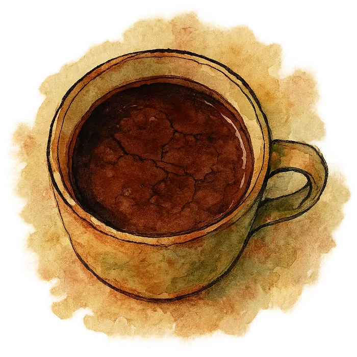 A watercolour of a mug of dark glossy hot chocolate with a thin skin forming at the edge