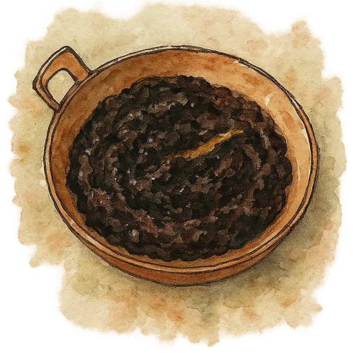 A watercolour of a dark glossy mash of refried black beans with a thread of oil across the top