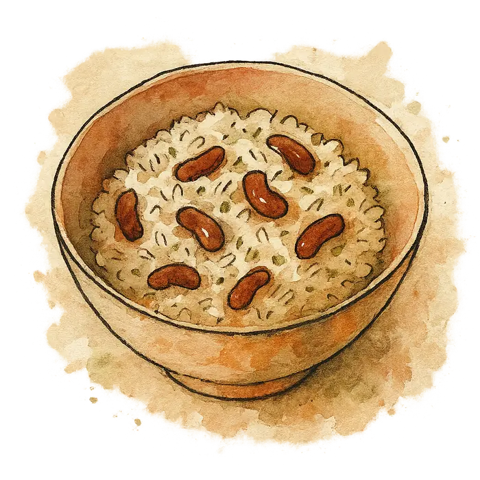 A watercolour of white rice cooked in coconut milk with dark red kidney beans running through it