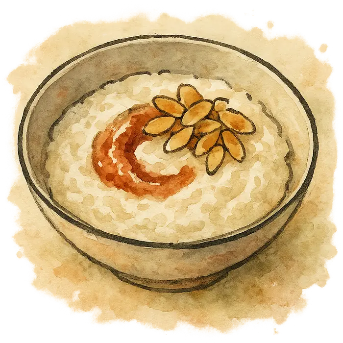 A watercolour of rice pudding rippled with red jam and toasted almonds