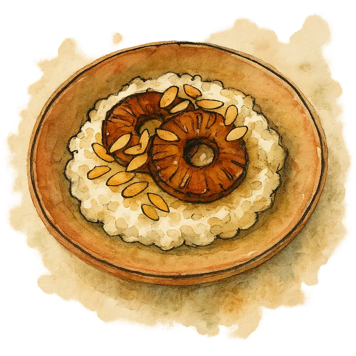 A watercolour of creamy white rice pudding with dark caramelised pineapple and flaked almonds