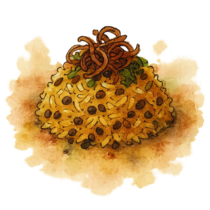 A watercolour of a mound of golden turmeric rice with dark lentils and raisins, topped with crisp browned onion