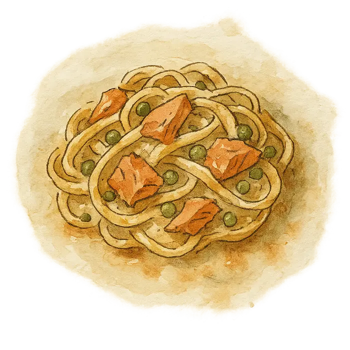 A watercolour of pasta in a pale creamy sauce with flakes of pink salmon and soft green peas