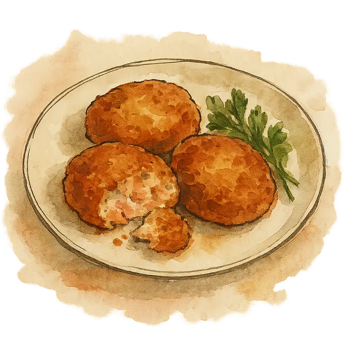 A watercolour of three golden-brown fried fish cakes on a plate, one broken open to show pale pink salmon and potato