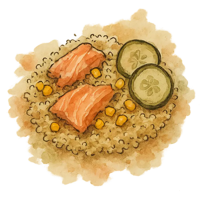 A watercolour of pale quinoa with large pink flakes of salmon, sweetcorn and sliced gherkin