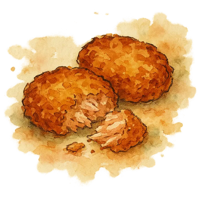 A watercolour of two craggy golden fish cakes with a rough crisp crust, cut to show pale pink flakes