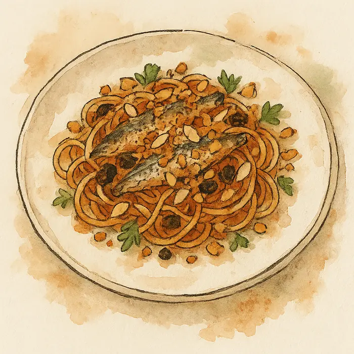 A watercolour of pasta with sardines in tomato, dark raisins and a scattering of golden toasted crumbs and flaked almonds