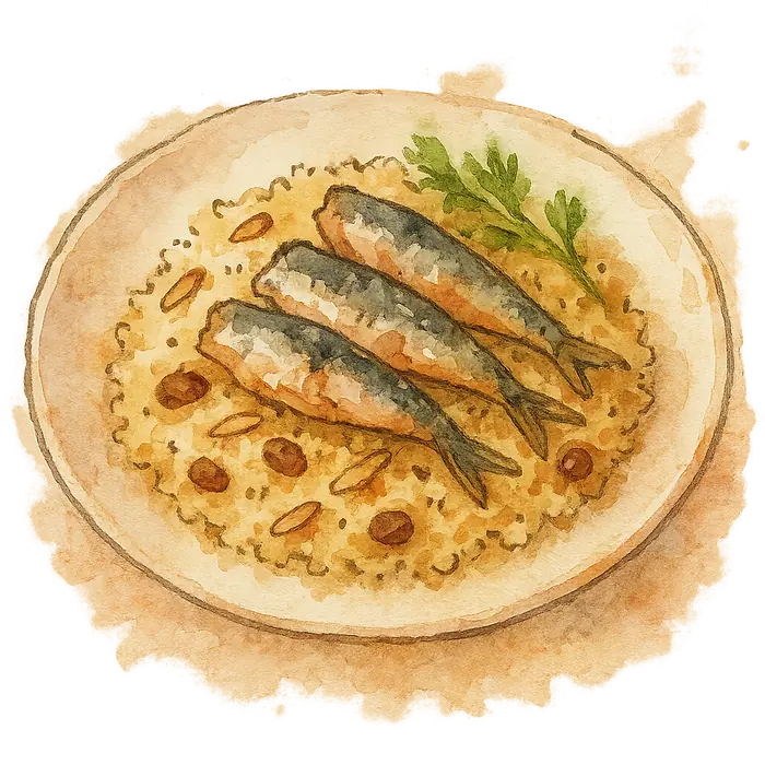 A watercolour of pale couscous with raisins and flaked almonds, topped with pieces of sardine