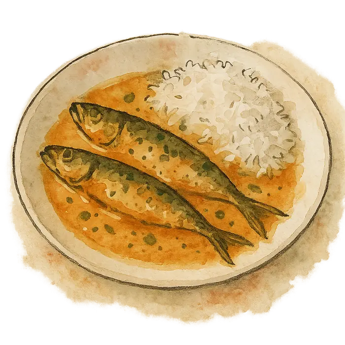 A watercolour of whole sardines in a pale orange coconut curry sauce beside white rice