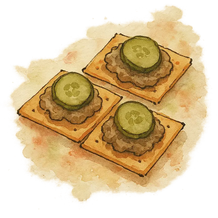 A watercolour of cream crackers spread with sardine pâté and topped with gherkin