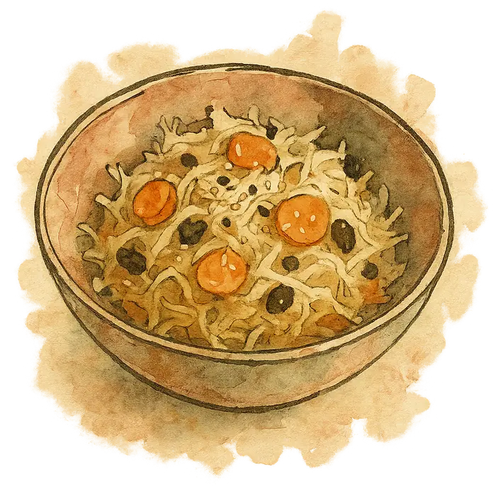A watercolour of pale shredded sauerkraut tossed with orange carrot coins, dark raisins and sesame seeds