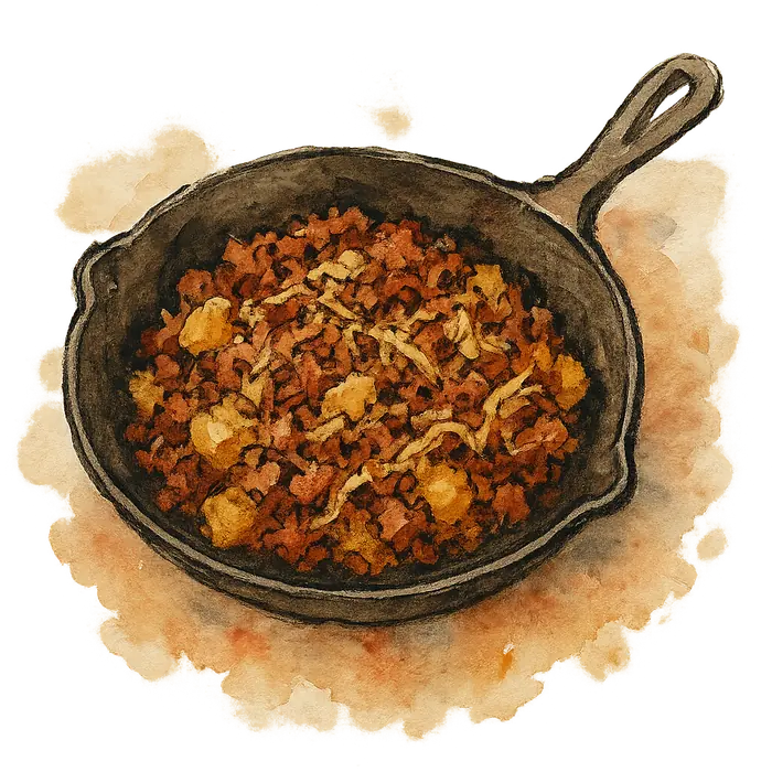 A watercolour of a pan of browned corned beef hash with crushed potatoes and pale shreds of sauerkraut