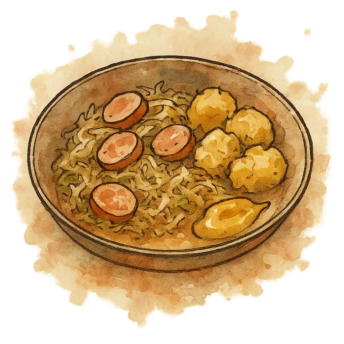 A watercolour of pale braised sauerkraut with sliced frankfurters and crushed potatoes, a smear of yellow mustard