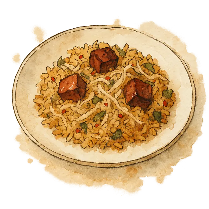A watercolour of fried rice with dark cubes of tinned pork, pale sauerkraut strands, red chilli and sesame