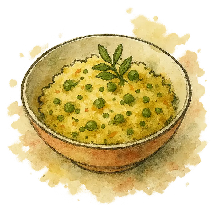 A watercolour of a bowl of soft yellow savoury semolina flecked with spice and green peas