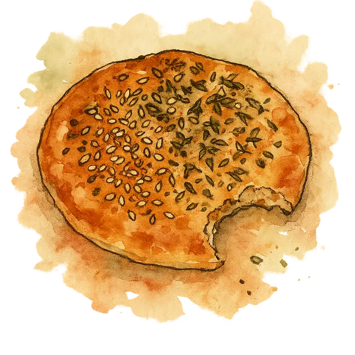 A watercolour of a flatbread crusted with toasted sesame seeds and dried herbs, torn at one edge