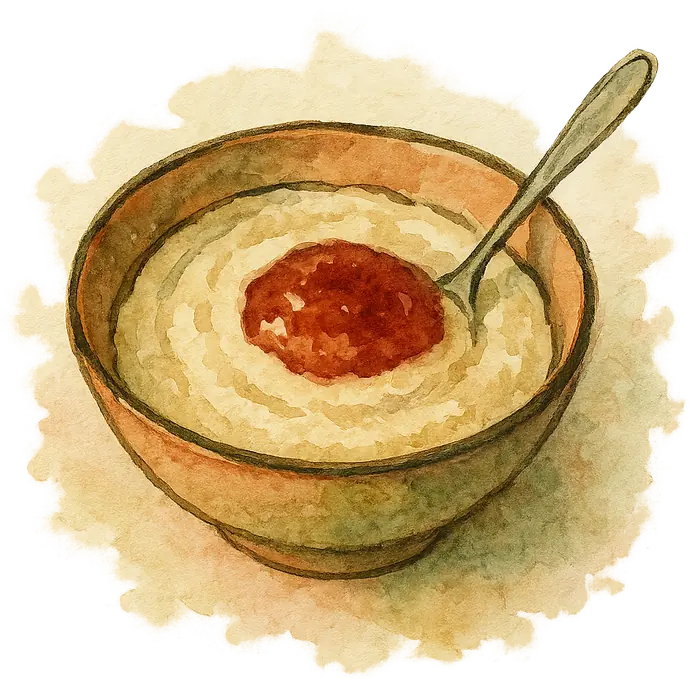 A watercolour of a bowl of thick pale semolina pudding with a spoonful of red jam on top