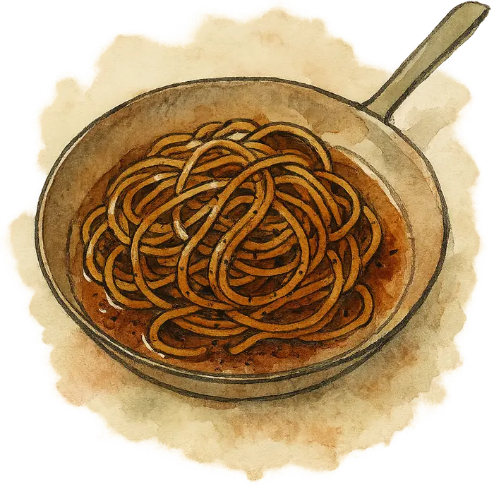 A watercolour of glossy dark-sauced spaghetti twirled in a pan, flecked with coarse black pepper
