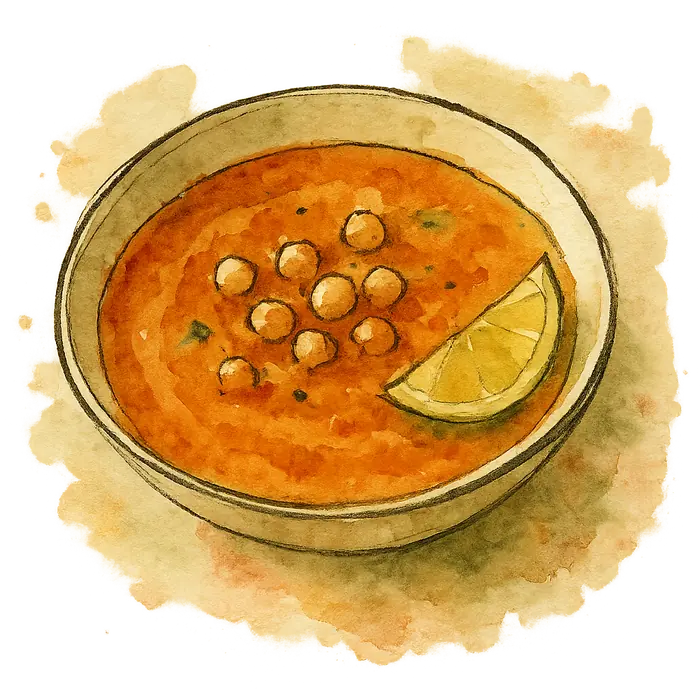 A watercolour of a thick orange carrot and chickpea soup with whole chickpeas on the surface