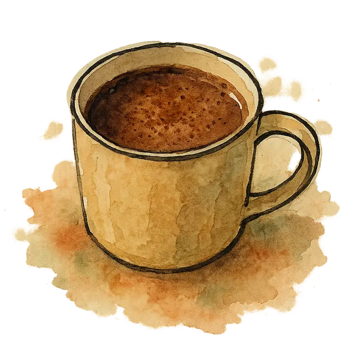 A watercolour of a mug of dark hot chocolate with a dusting of cinnamon on the surface
