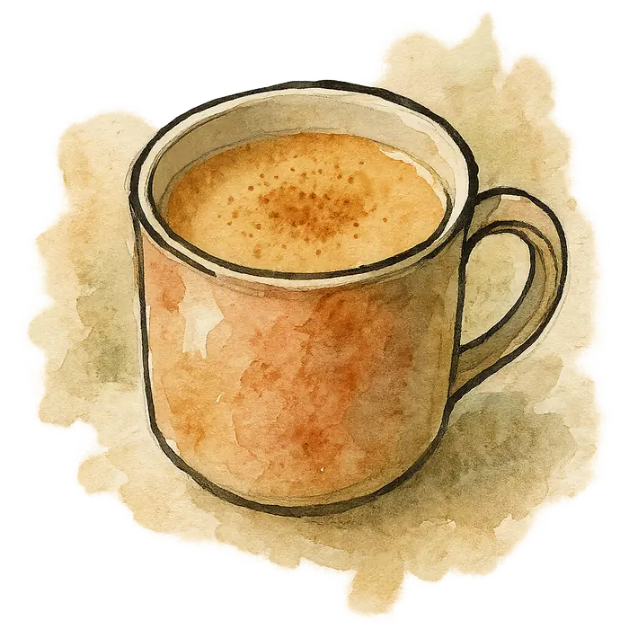 A watercolour of a mug of pale orange-brown spiced tea with a faint dusting of cinnamon