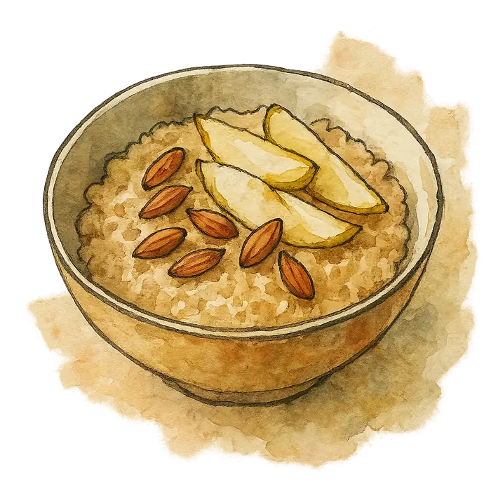 A watercolour of a bowl of oat porridge with soft pale pear pieces and toasted almonds
