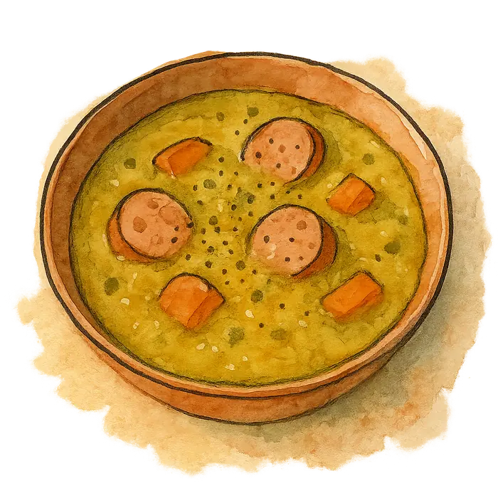 A watercolour of a thick yellow-green split pea soup with sliced frankfurters and carrot