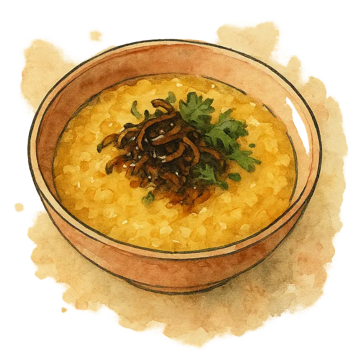 A watercolour of soft yellow split pea dal with a dark tarka of fried onion and cumin poured over