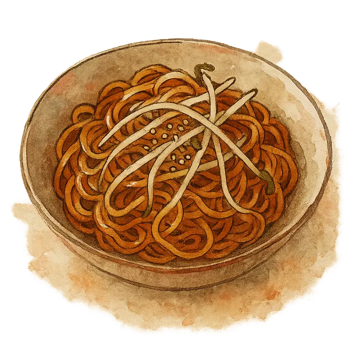 A watercolour of a bowl of glossy egg noodles tangled with pale crisp bean sprouts and scattered sesame seeds