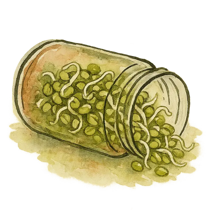 A watercolour of a glass jar on its side full of pale green mung bean sprouts with small white shoots