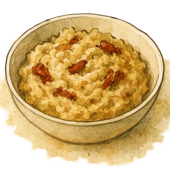 A watercolour of a bowl of coarsely mashed white beans flecked with dark red sun-dried tomato