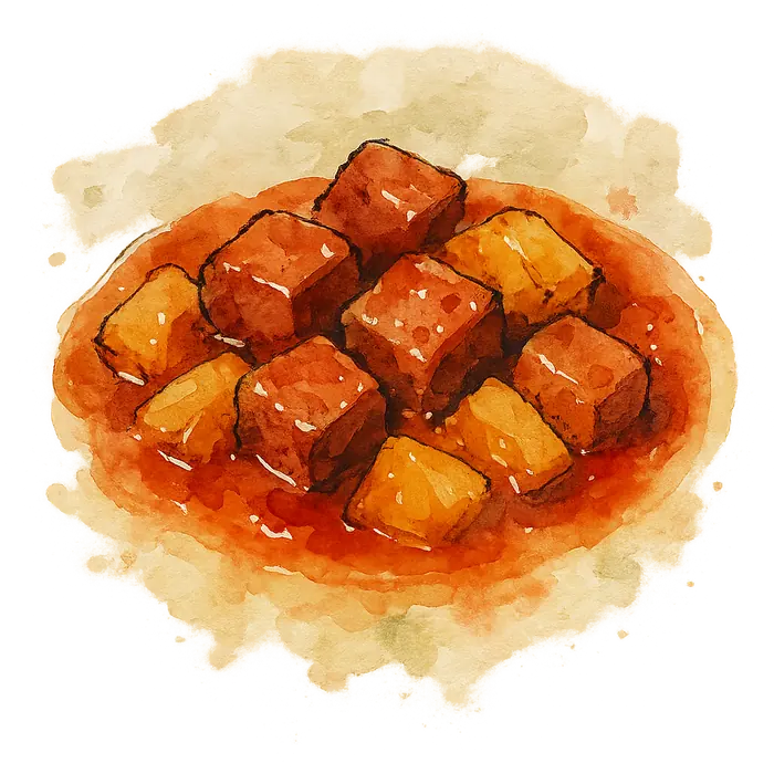A watercolour of browned cubes of tinned pork in a glossy red-orange sauce with golden pineapple chunks